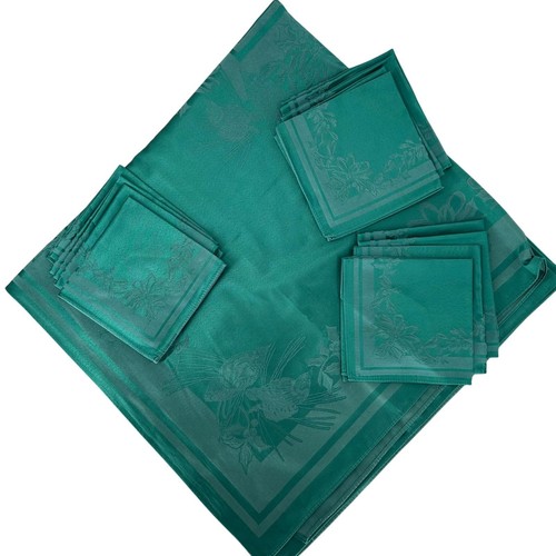 Vtg Emerald Green Damask Tablecloth 60x120 + 12 Green Napkins Floral Jacquard - Picture 6 of 7