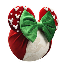 Christmas Mouse Ears Turban Headwrap with Pearls, Velvet Hair Bow Hairband with