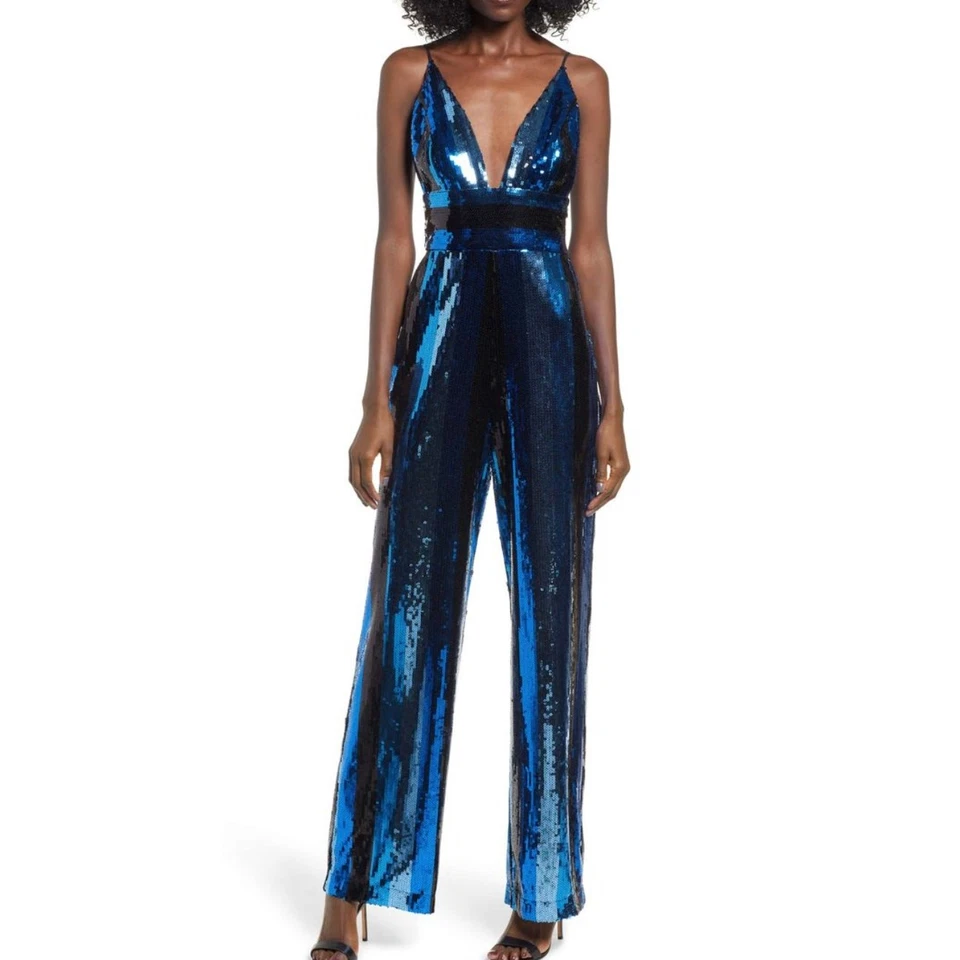 WAYF Sybil Sequins Jumpsuit S Blue Black Striped - Image 2 of 4