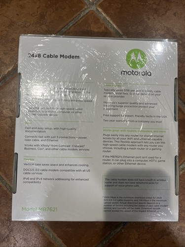 Motorola MB7621 Cable Modem DOCSIS 3.0 1000+ Mbps Xfinity Cox 24x8 NIB - Afbeelding 2 van 2