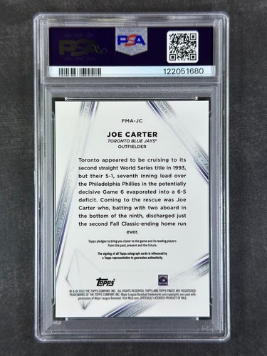 2022 Topps Finest #FMAJC Joe Carter Moments autógrafo refractor dorado/50 PSA 10 - Imagen 2 de 2