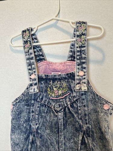 Vintage Popsicle Marke Denim Blumen bestickt Overall Größe 4 Acid Wash  - Bild 3 von 13
