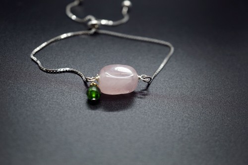 Platinum Plated Silver Adjustable Chain Rose Quartz Chrome Diopside Charm 8'' - Picture 6 of 7