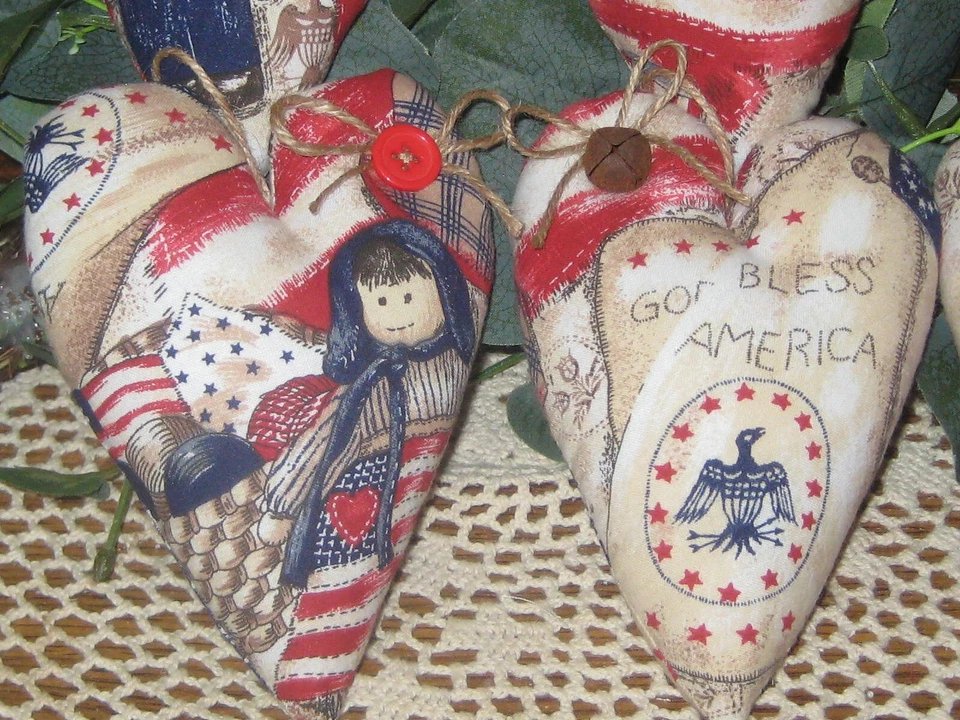 Decoração Patriótica 6 Corações Tecido Americano Feito à Mão 4 de Julho Enchimentos de Tigela - Imagem 2 de 4