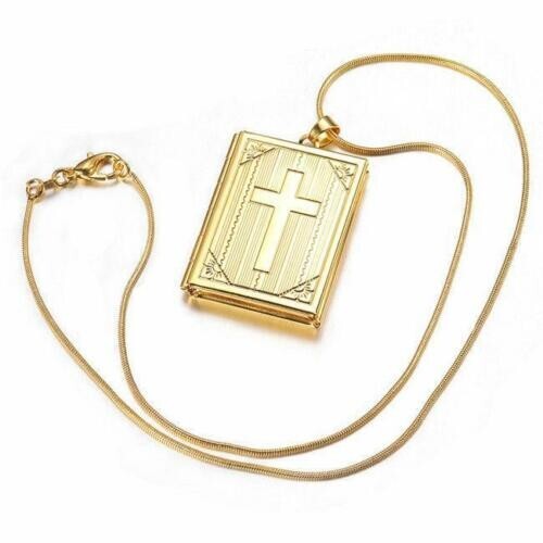 Elegant Gold Plated Christian Jesus Cross Crucifix Bible Book Locket Necklace - Bild 5 von 14