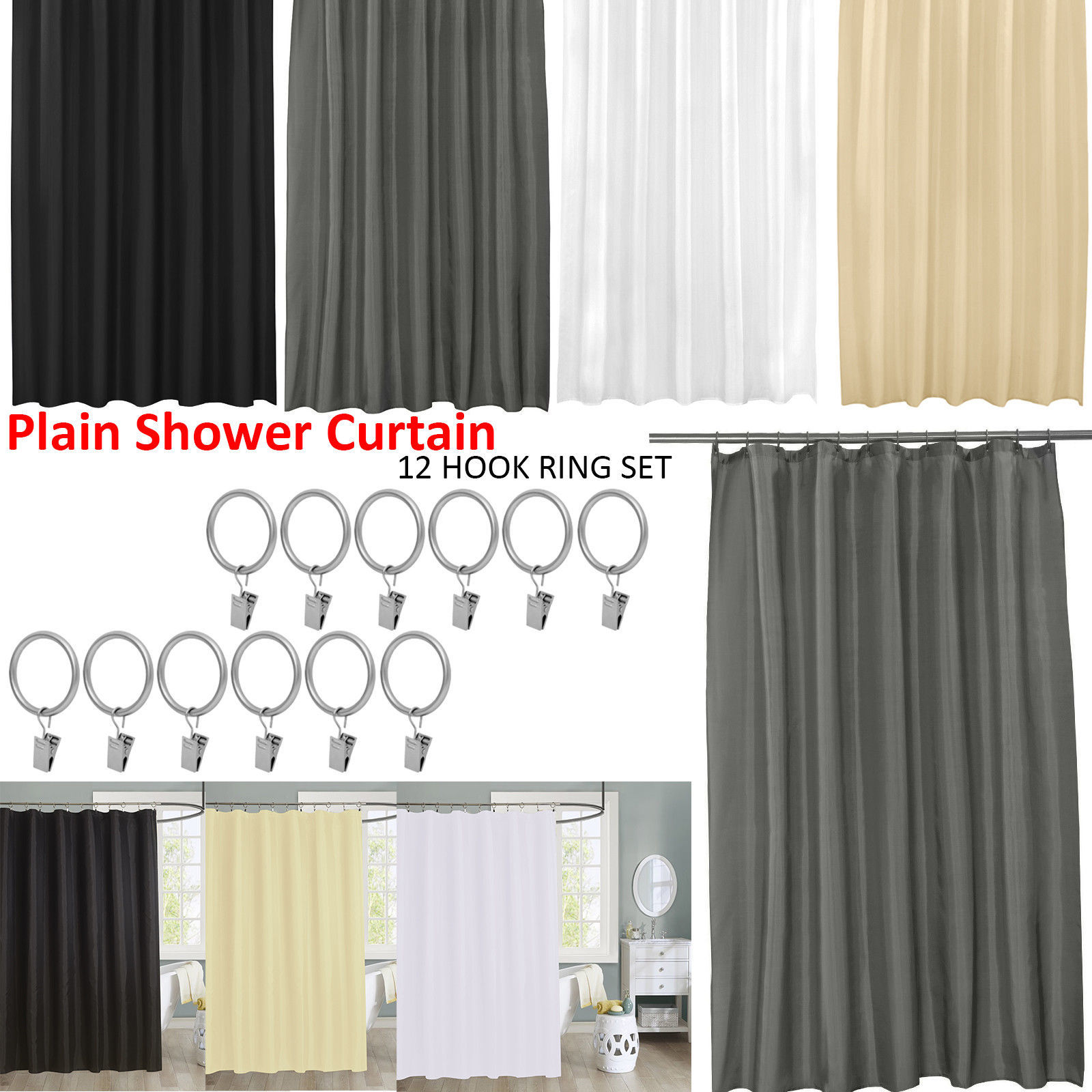 Waterproof Bathroom Shower Curtain Extra Long 12 Hooks Ring Set