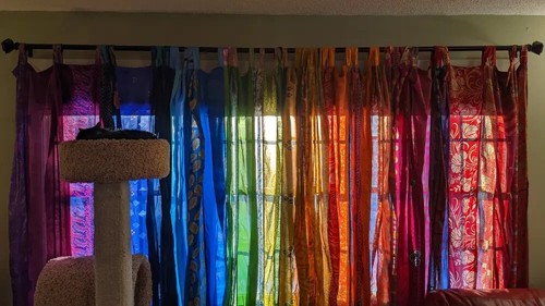 2 Pc Indian Old Recycle Silk Saree Boho Multi Curtain Door Drape Decor Curtain - Picture 4 of 7