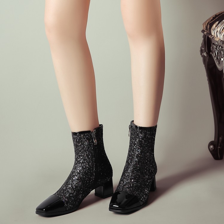 Women Round Toe Sequins Zip Block Heels Ankle Boots Winter Winter Winter Fashion Lady shoes f23329 Women Round Toe Sequins Zip Block Heels Ankle Boots Winter Winter Winter Fashion Lady shoes f23329