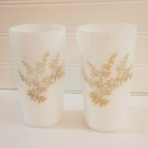 Set of 2 Vintage FEDERAL Milk Glass Tumblers Golden Glory White with Gold Leaves - Picture 8 of 9
