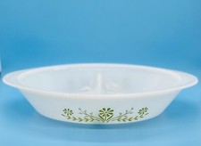 GLASBAKE #J-2352 Green Daisies Divided Casserole Baking Dish 12" ANTIQUE