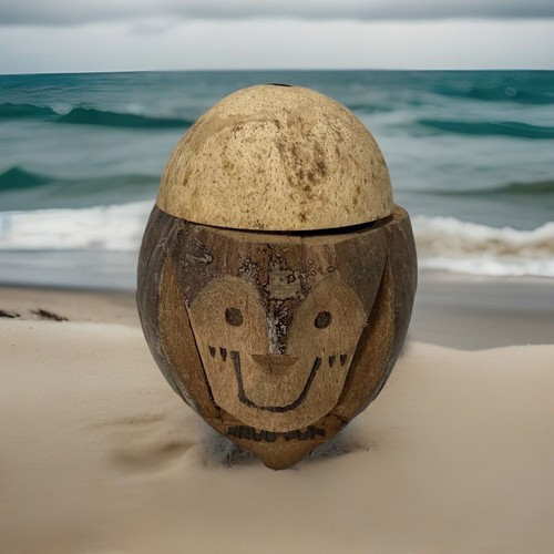 Vintage hand carved Coconut Monkey Bank Have Fun Tiki Bar Decoration