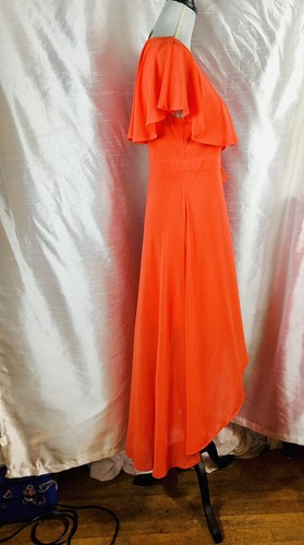 ENTRO Women,Long Chiffon V-Neck Surplice Dress,Split Front,Ruffle Cape,Orange S - Picture 2 of 12