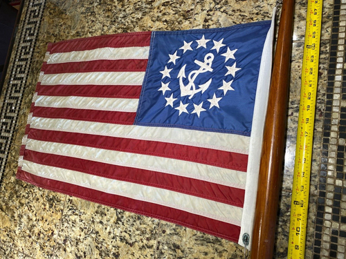 VINTAGE 30" TEAK FLAGPOLE W/20"X30" US ENSIGN FLAG W/POLE SOCKET - Picture 6 of 21