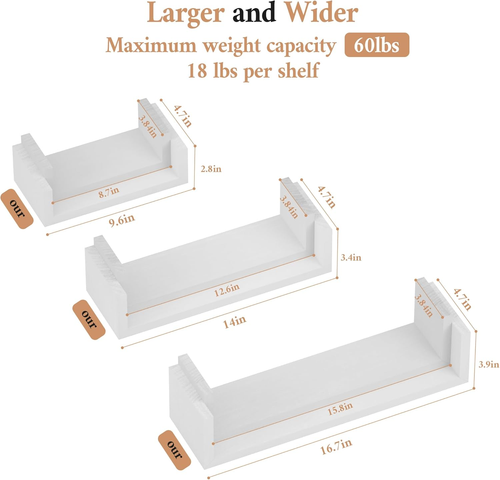 Floating Shelves Wall Mounted, Solid Wood Wall Shelves, White - Picture 3 of 12