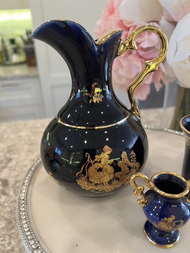 LIMOGES CASTEL Porcelain Courting Couple Cobalt Blue Gold Pitcher French Plate - Picture 4 of 18