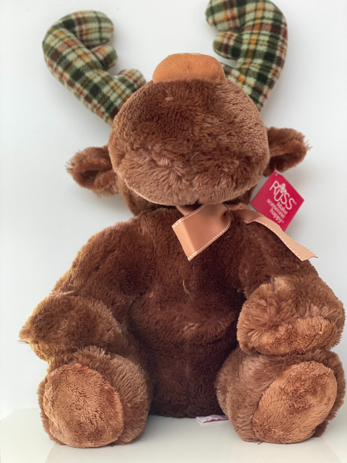 Russ Berrie Marty Moose with Plaid Antlers stuffed toy 18"" ***NEW