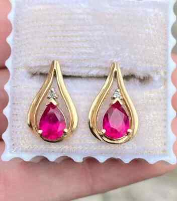 2Ct Pear Cut Lab-Created Pink Ruby Teardrop Stud Earrings 14k Yellow Gold Plated