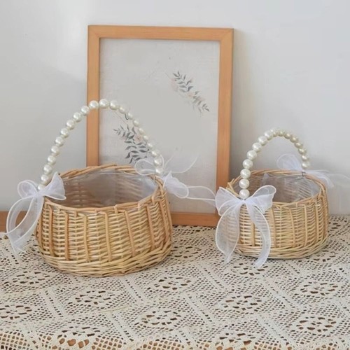 Willow Rattan Woven Basket Pearls Handle Flower Arrangement Basket for Wedding - Afbeelding 6 van 8
