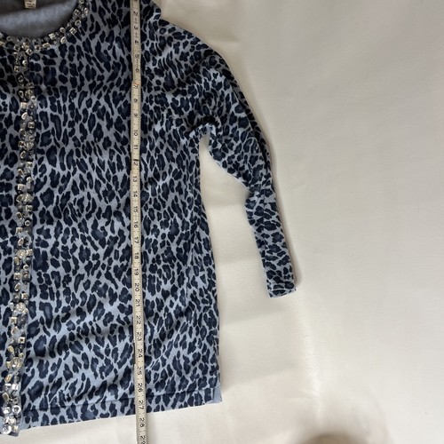 Quacker Factory Womens Cardigan Sweater Size 1X Blue Leopard Rhinestone Beaded - Picture 12 of 13