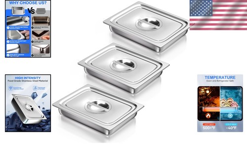 3 Pack Stainless Steel Half-Size Steam Table Pans with Lid - Catering Essential - Picture 2 of 11