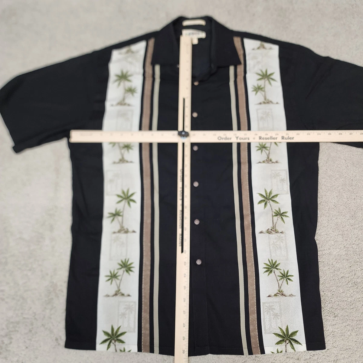 Campia Moda Mens Large Black Hawaiian Shirt Short Sleeve cuban style Palm Trees