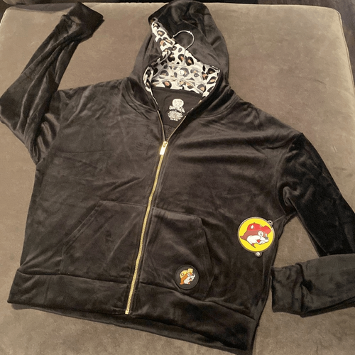 Women’s Buc-ee’s Velour Hoodie Black with Leopard Print in Hood Size L NWT - Picture 11 of 11