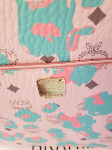 🌸NWT🌸MCM🌸ANYA POWDER PiNK/Turq FLORAL LOGO Leopard Visetos Medium Zip Shopper - Picture 7 of 19