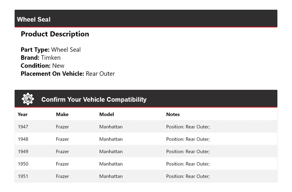 Sello de rueda trasero exterior para Frazer Manhattan 1947-1951 Timken 1948 1949 1950 Foto 2 de 4