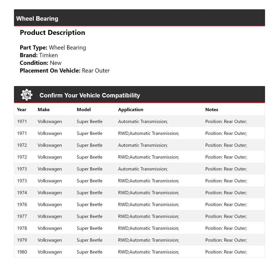 适用于 1971 - 1974 年,1976 - 1980 年大众超级甲壳虫车轮轴承后外铁姆肯公司 — 第 2/4 张图片