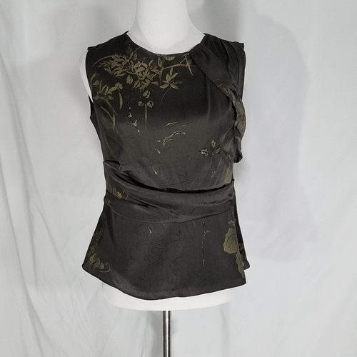 Elie Tahari Silk Sleeveless Blouse Asymmetrical Draped Side Zip XS Brown/Gold