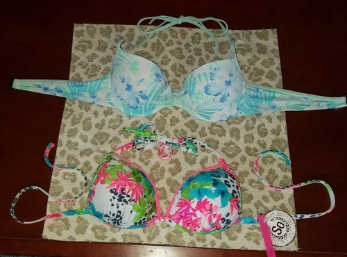 Lot Of 2 Bikini Halter Tops Small Hollister SO Floral Push Up Pink Blue - Picture 4 of 6