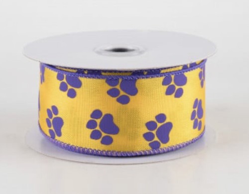 Yellow Gold Satin Purple Paw Prints 1.5" Wired Ribbon Cat Dog Pet Paws By Yard - Picture 2 of 2