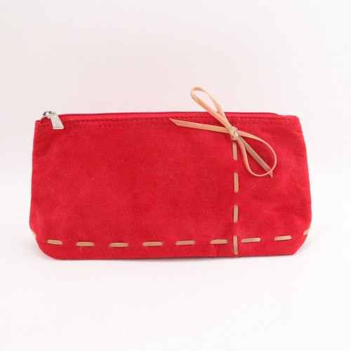 Lancome Makeup Bag Small Red Ultra Suede Tan Stitch Bow Zipper Pouch Lined - Bild 1 von 12