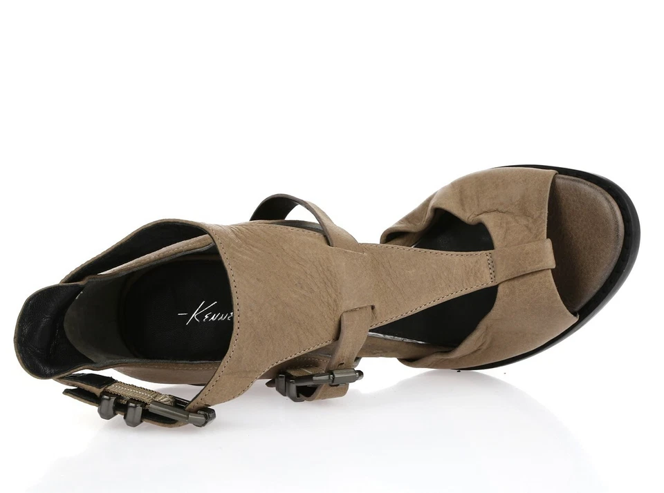 Sandalias de tacón de bloque con tiras de cuero marrón topo Kenneth Cole para mujer talla 7,5 M Foto 4 de 4