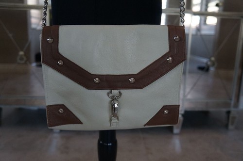 NEW JJ Winters Brown Ecru Leather Mix BOHEMIAN Stud Kate Shoulder Crossbody Bag - Picture 2 of 12