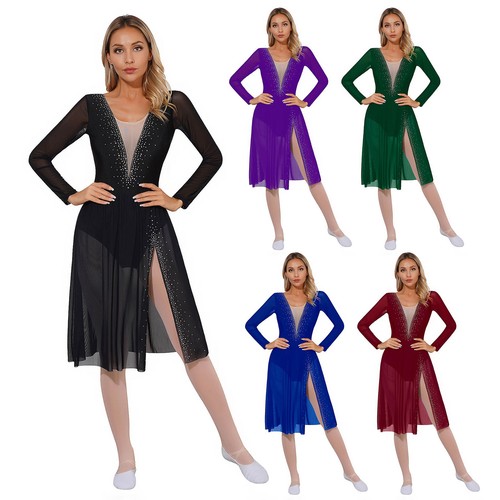 Damen Turnanzug Maxi Tanzkleidung glitzerndes Kleid seitlich geschlitzt Tutu-Kleider Latein Jazz - Bild 2 von 63