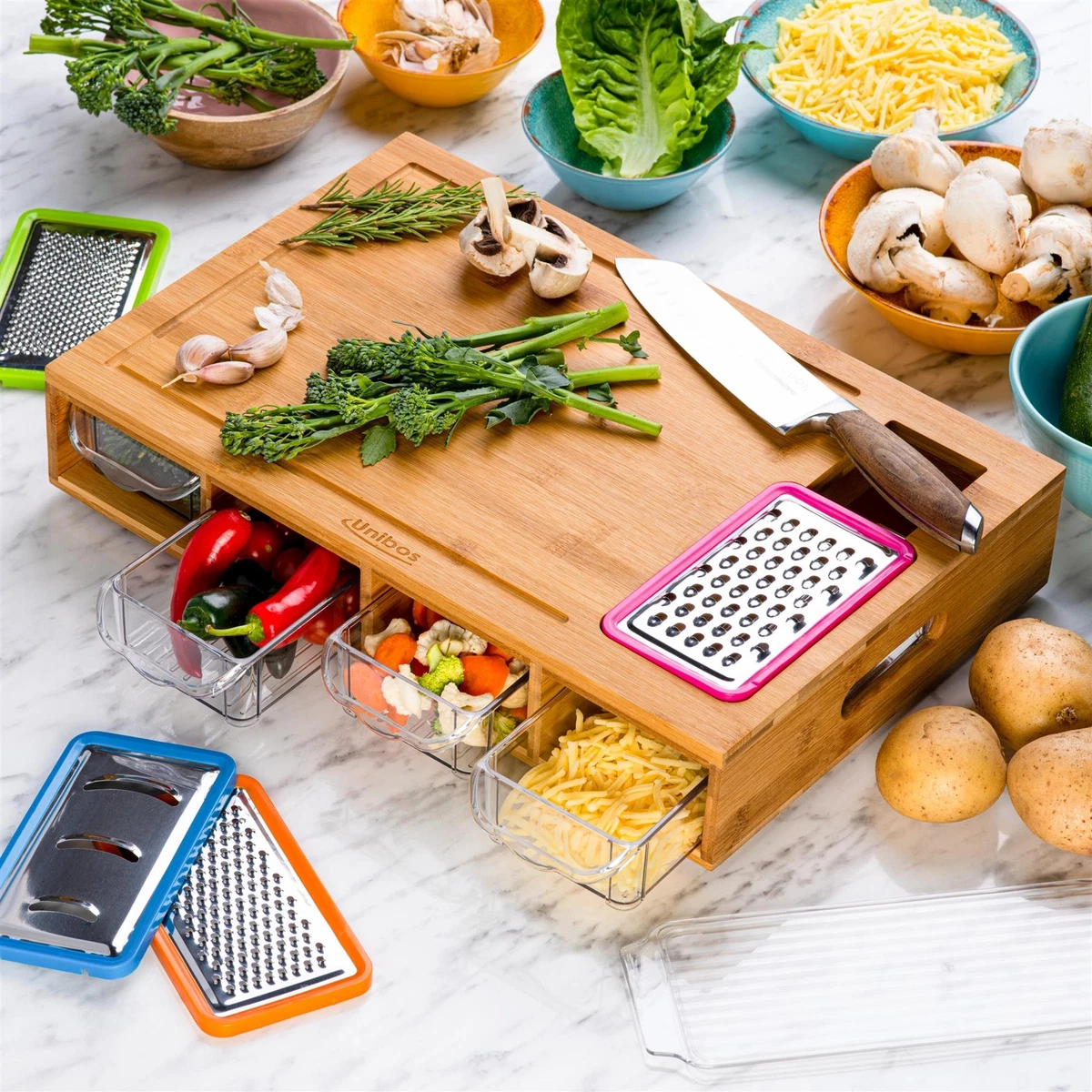 Large Bamboo Wood Chopping Board with 4 BPA Free Plastic Drawers Cutting  Boards