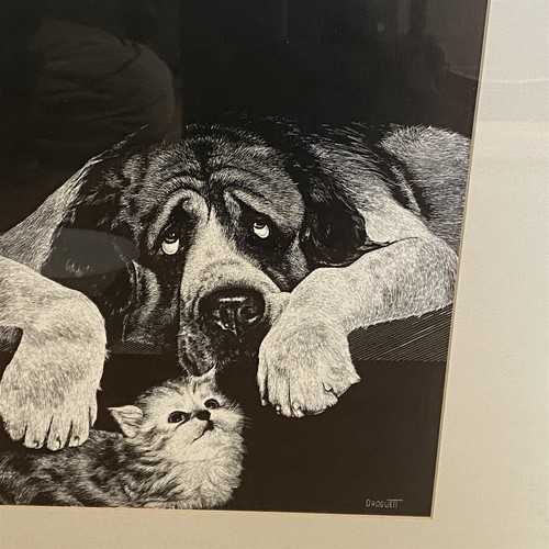 Vintage Rudy Droguett Print Dog and Cat Framed Matted 16 x 20 St Bernard - Picture 2 of 6