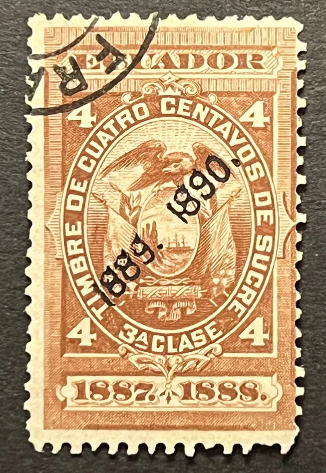 Sellos de viaje: estampillas de ingresos de Ecuador 1887-1888 cuatro centavos usadas estampadas a mano Foto 2 de 4