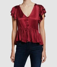 $150 Chloe Oliver Women Red Satin Ruffle-Sleeve Peplum Button Blouse Top Size L