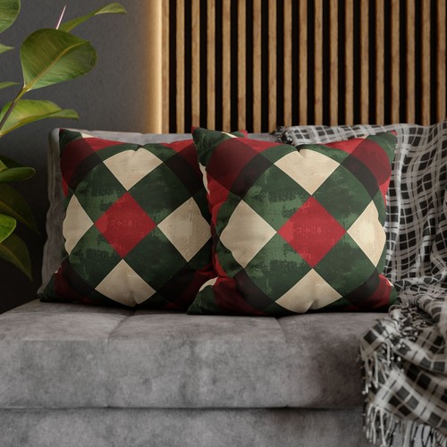 Red Green Christmas Plaid Option 20 Spun Polyester Square Pillowcase - 第 8/29 張圖片