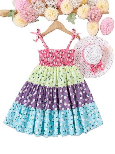 NWT GIRLS 4, 5, 6, 7 Pink or Purple SPRING/SUMMER SMOCKED SUNDRESS + STRAW HAT - Picture 16 of 18