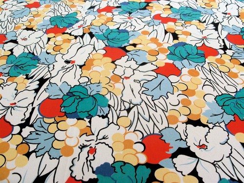 Vtg 70s 1970 Jersey Knit Fabric Floral Fruit Tropical Red Blue White 59W 2.3y - Picture 1 of 5