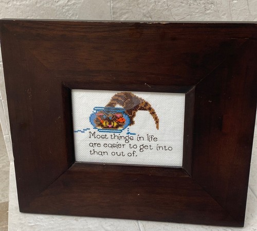 Small Vintage Cross Stitch Sampler Proverb Cat in Goldfish Bowl Framed Whimsical - Picture 2 of 4