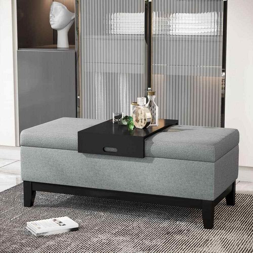 Charcoal Grey Linen Storage Ottoman Bench - Picture 2 of 8