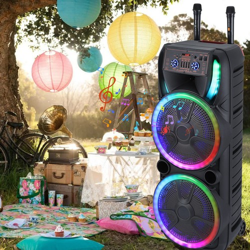 Portable Bluetooth Speaker Dual15'' Sub Woofer Heavy Bass Sound System Party Mic - Picture 9 of 16