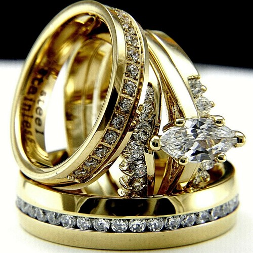 14k Gold tone engagement wedding bridal groom woman's & man's CZ ring 4pc set - Picture 7 of 12