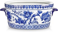 Blue and White Ceramic Planter Pot - Vintage Floral Oval Cachepot Vase for Indoo