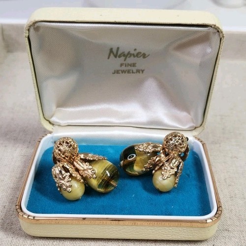 Rare Early Napier Gripoix Glass Polyphyr Clip On Earrings Original Box