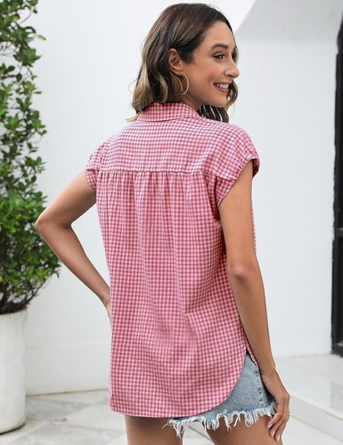 Summer Ladies Checked Buttons Up Casual Shirts Collar Loose Blouse Top Size 6-20 - Picture 13 of 23